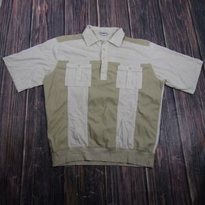 Haband Casual Joe Polo Shirt Mens Large Tan Cream Colorblock Dual Pocket Retro